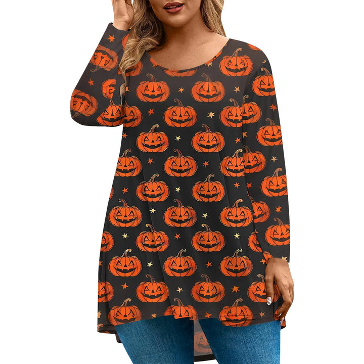 Plus Size Halloween Print T-Shirt for Women Fashion Round Neck Long Sleeve Casual Loose Pullover Top Halloween Party Costumes