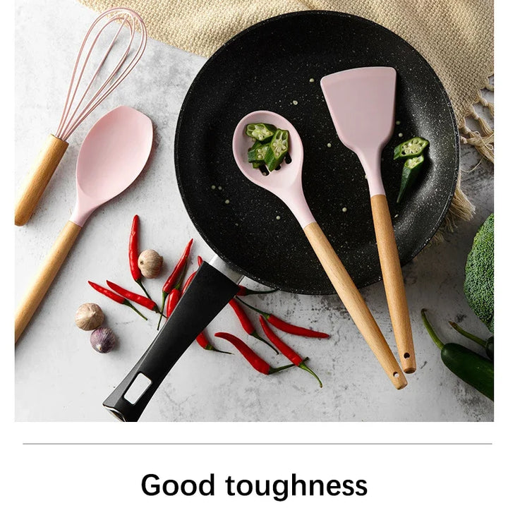 Pink Cooking Kitchenware Tool Silicone Utensils With Wooden Multifunction Handle Non-Stick Spatula Ladle Egg Beaters Shovel