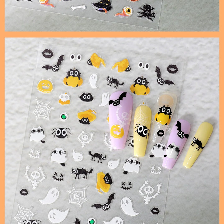 1pcs/3pcs Halloween Nail Stickers Skull Pumpkin Head Bat Nail Stickers Nail Art DIY Self-Adhesive Decals For Festive Manicure