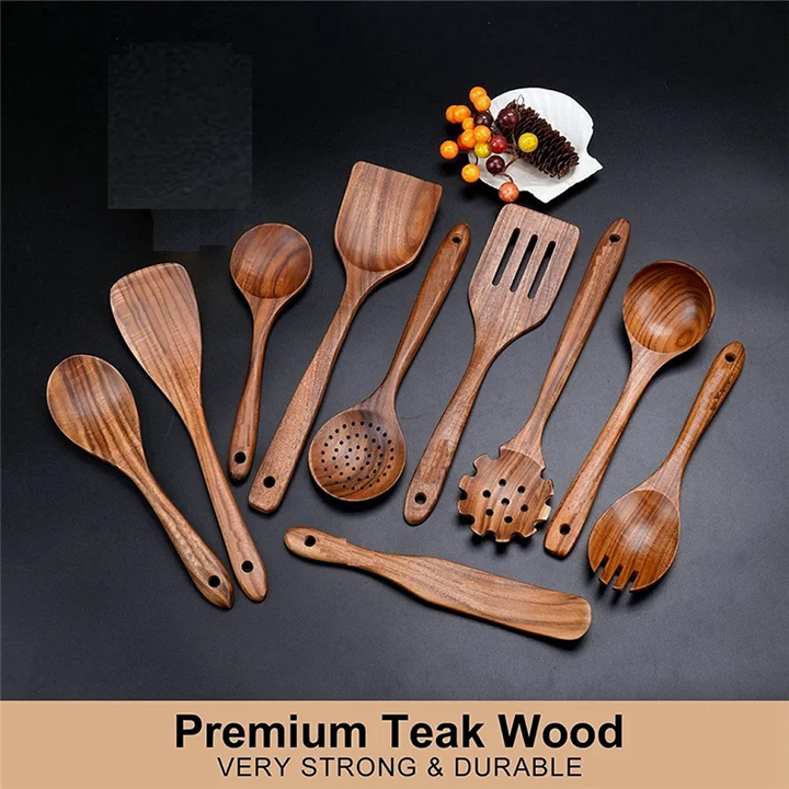 Wooden Cooking Utensils, Kitchen Utensils Set with Teak Wood Spoons and Wooden Spatula for Cooking