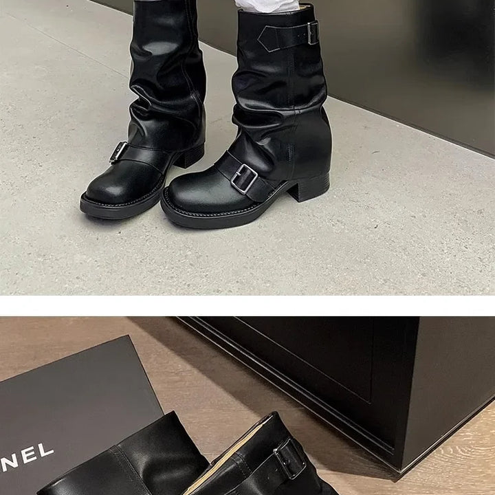 Pleated Buckle Knight Boots for Women Autumn Brown PU Leather Mid Calf Boots Woman Slip-On Thick Heel Riding Botas Mujer 2024