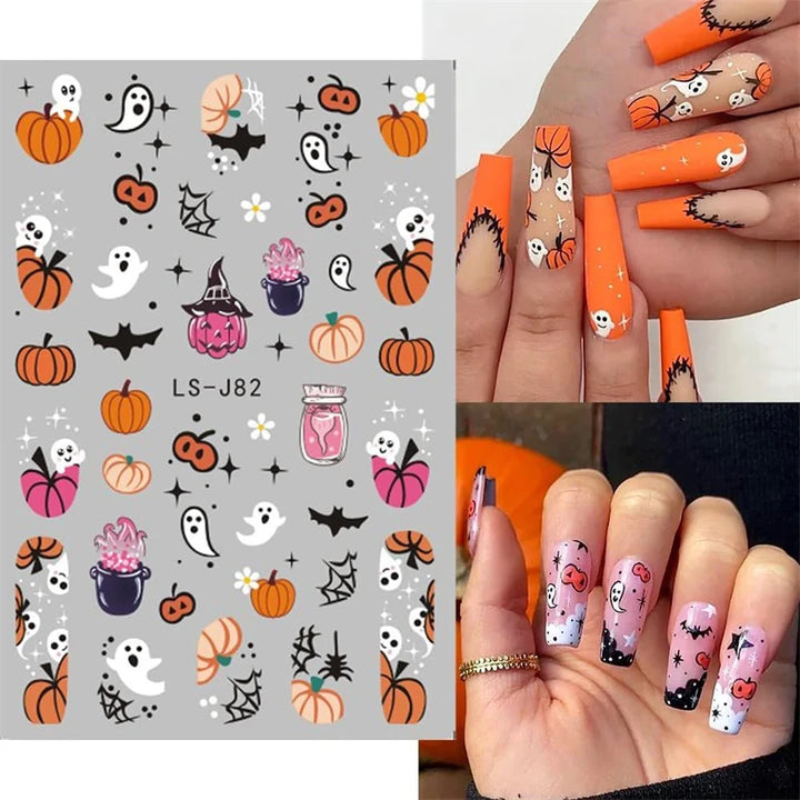 Halloween Nail Art Stickers Cute Halloween Nail Decals Self-Adhesive Ghost Pumpkin Bat Cat Skull Holiday Designs Nail Supplies