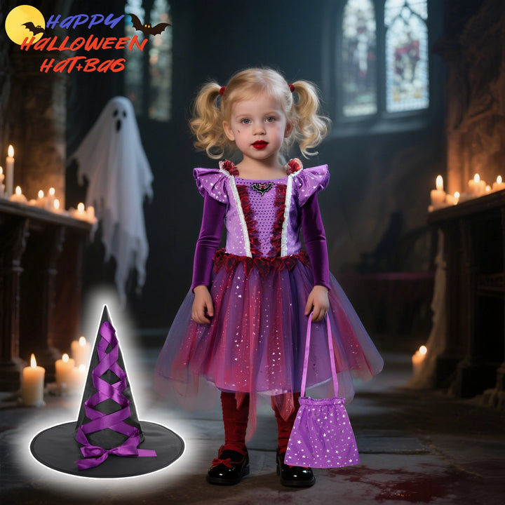 Halloween Children Girls Witch Party Dress Gothic Ghost Costume Kids Gown Robe Tutu Dress Witch Hat For Purim Carnival Party