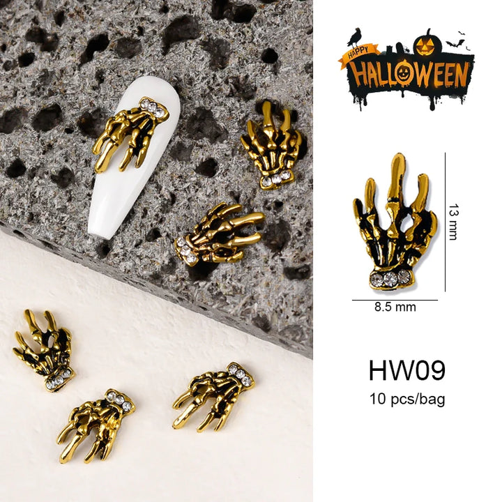 Halloween Alloy Nail Art Charms 3D Ghost Skull Pumpkin Golden Silver Classic Nails Jewelry Ornaments DIY Manicure Accessories