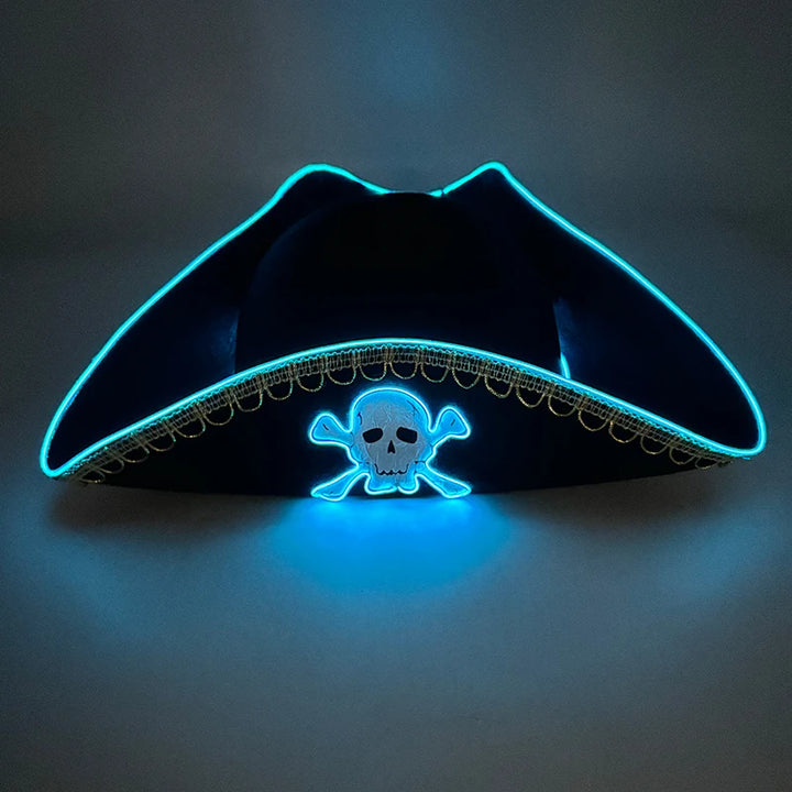 Halloween LED Light Black Pirate Hat For Adult Pirate Theme Party Glowing Cap Cosplay Costume Luminous Hat With Skull Pattern