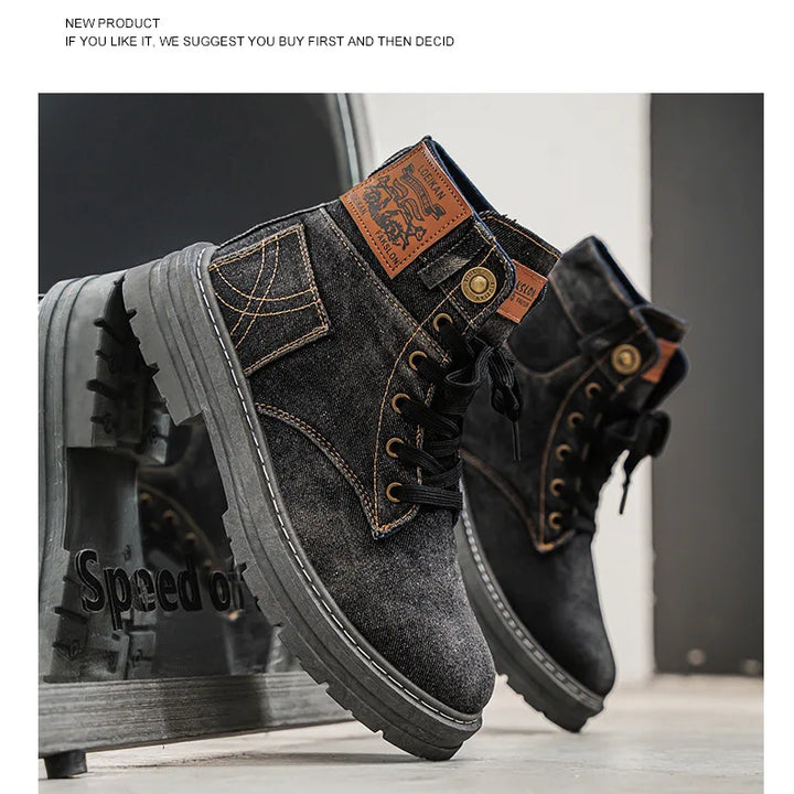 Retro Men's Platform Denim Boots High Quality Men Tooling Boots Fashion Trend Denim Versatile Casual Shoes High Top Working Shoe