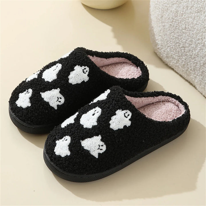 Halloween Cotton Slippers For Women Pumpkin Ghost Bat Soft Plush Non-Slip Shoes For Home Party And Winter
