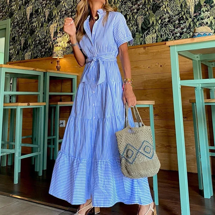 New Fashion Stripe Printed Short Sleeve Loose Waist Strap Long Collar Ankle Single Breasted Dress