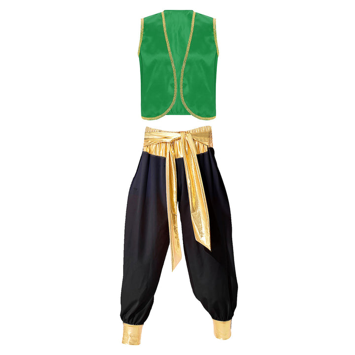 Mens Halloween Costume Mythical Arabian Prince Carnival Cosplay Party Outfit Sequin Trim Waistcoat with Belted Pants
