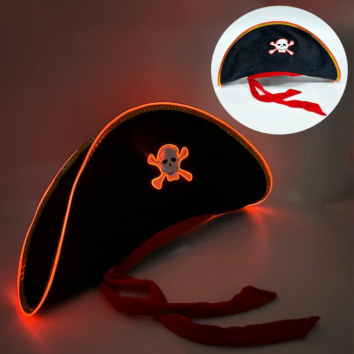 Adults Black Pirate Hats with Skull Pattern Halloween Cosplay Props Parties Caribbean Pirate Costume Hats LED Glowing Party Hat