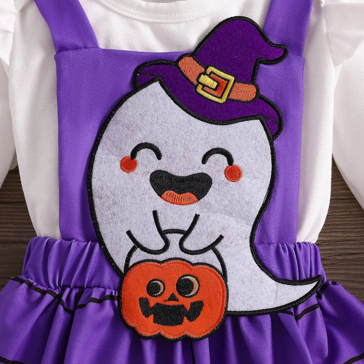 Baby Girls Halloween Clothing Set Cute Ghost Pumpkin Face Applique Suspender Dress with Rompers Carnival Party Cosplay Costume