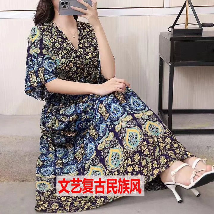 V-neck Large Skirt Hem Casual Sweet Long Dress Bat Sleeves Elastic Waist Bohemian Print Floral Elegant .