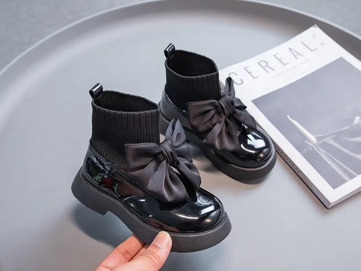 Children's Boots Fashion PU Solid Black Bow Girls Uniform 2025 Spring and Autumn New Kids Fashion Flying Knit School Socks Shoes