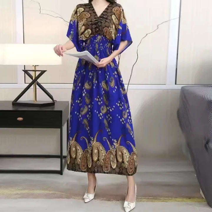 V-neck Large Skirt Hem Casual Sweet Long Dress Bat Sleeves Elastic Waist Bohemian Print Floral Elegant .