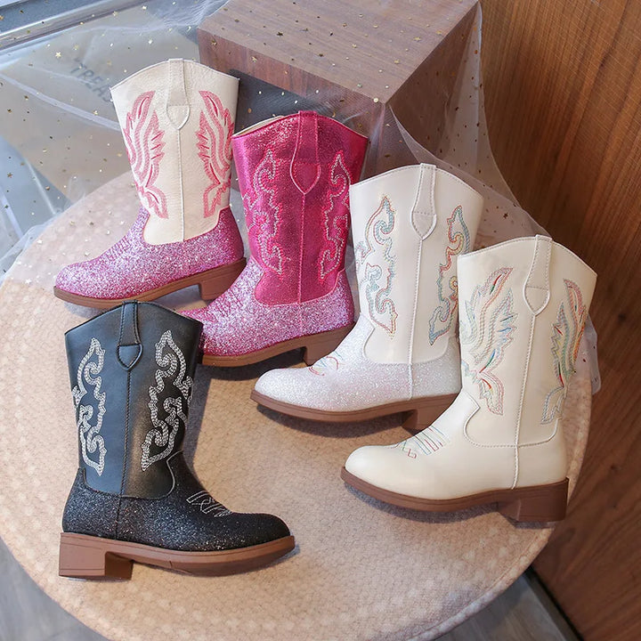 Girls Boots Toddler Snow Gear Mid Calf Glitter Western Cowboy Boot 2025 Autumn Big Kid Riding Girls Botas Size 27-36 Kids Shoes