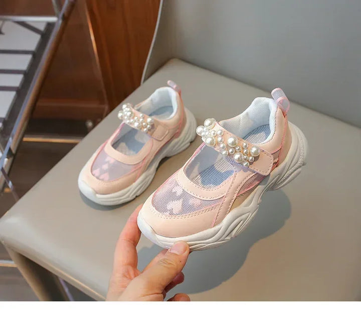 Children's Sneakers New Mesh Sports Shoes Spring Autumn Girls Fashion Shallow Breathable Pearl Tennis Kids Causal Flats