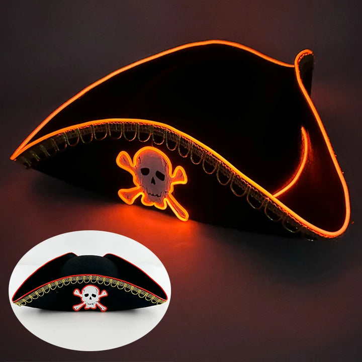 Adults Black Pirate Hats with Skull Pattern Halloween Cosplay Props Parties Caribbean Pirate Costume Hats LED Glowing Party Hat