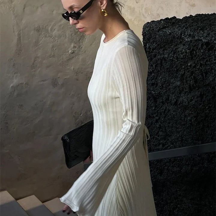 Tossy Knitwear Fashion Loose Maxi Dress Lace-Up High Waist Ribbed Long Sleeve Party