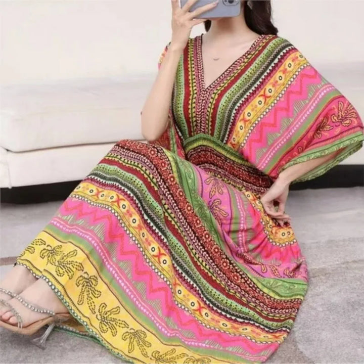 V-neck Large Skirt Hem Casual Sweet Long Dress Bat Sleeves Elastic Waist Bohemian Print Floral Elegant .