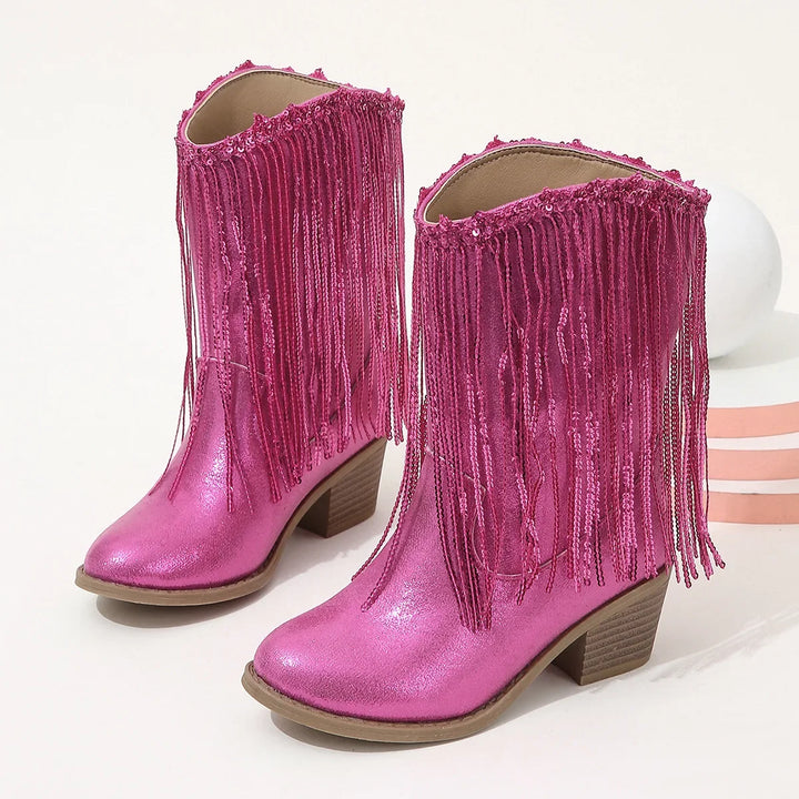 Girls Boots Autumn Winter Toddler Kids Princess Fashion Middle Calf Cowboys Boot Children High Heel Tassel Dance Soft Sole Shoes