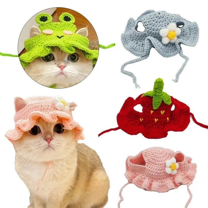 Hand-made Cat Hat Elastic Woven Cap Pet Hat Puppy Kitten Headwear Knitted Hat Party Photo Shoot Props Decoration Cat Accessories