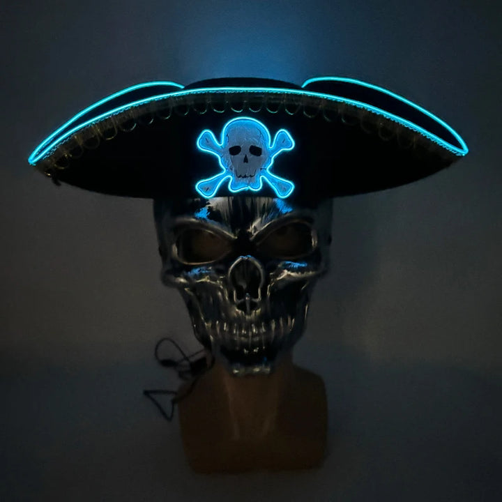 Halloween LED Light Black Pirate Hat For Adult Pirate Theme Party Glowing Cap Cosplay Costume Luminous Hat With Skull Pattern