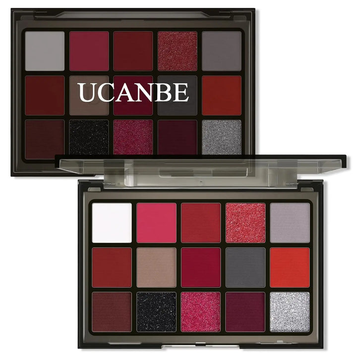 UCANBE Red Eyeshadow Makeup Palette, 15 Colors Burgunry Gray Silver Shimmer Matte Glitter for Halloween Christmas Vampire Clown