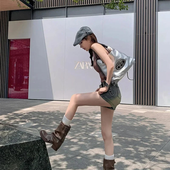 Pleated Buckle Knight Boots for Women Autumn Brown PU Leather Mid Calf Boots Woman Slip-On Thick Heel Riding Botas Mujer 2024