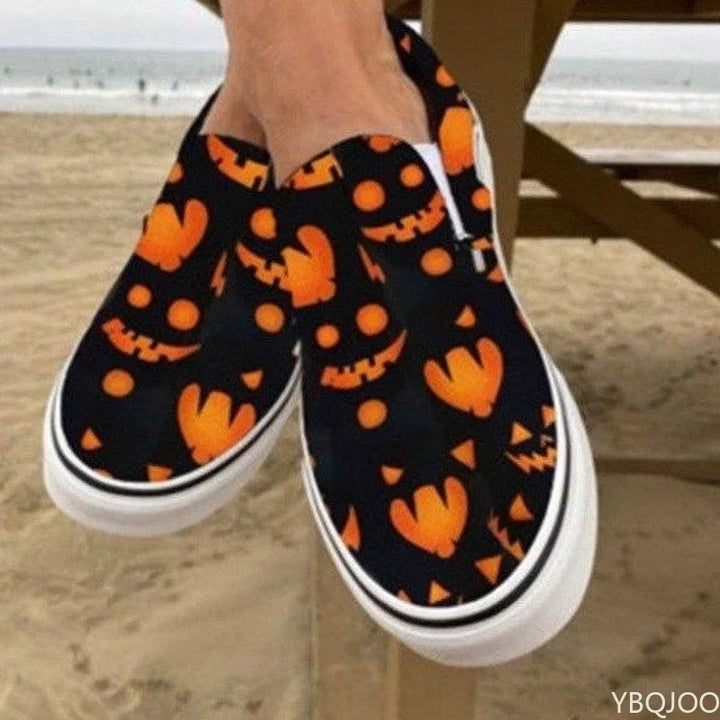 Flats Halloween Pumpkin Shoes 2023 Autumn Skeleton Printing  Women Shoes Slip-on Lazy Canvas Shoes Loafers Zapatos Mujer