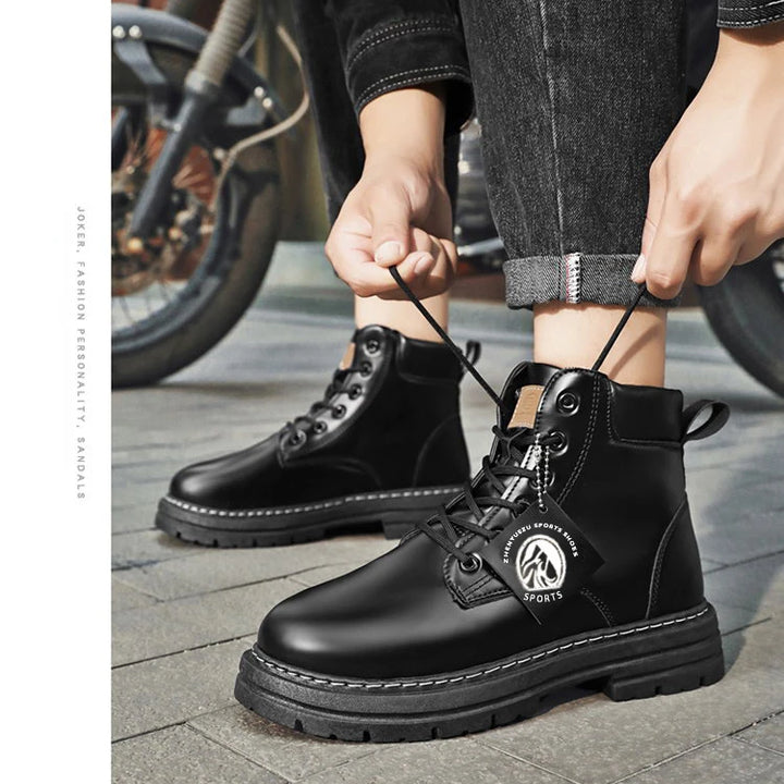 High Top Men's Ankle Boots Designer Luxury Man Motorcycle Boots British Style Leather Boots Brand Lace-Up Men Shoe Botas Hombre