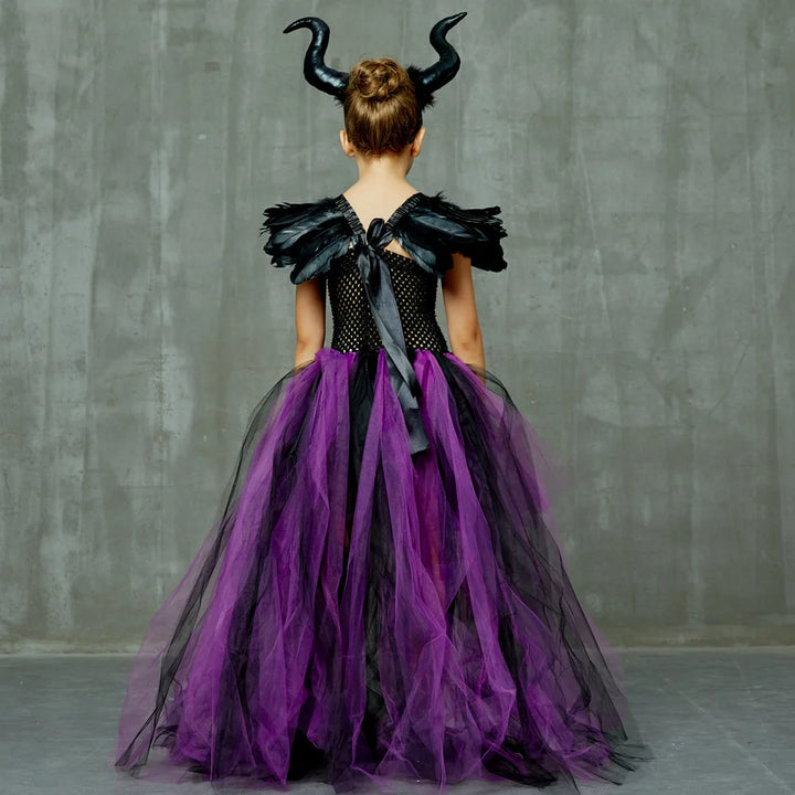 Halloween Children Costume Tulle Dress Girls Cosplay Vestidos Party Evil Queen Mesh Princess Dress Kids Crow Wand