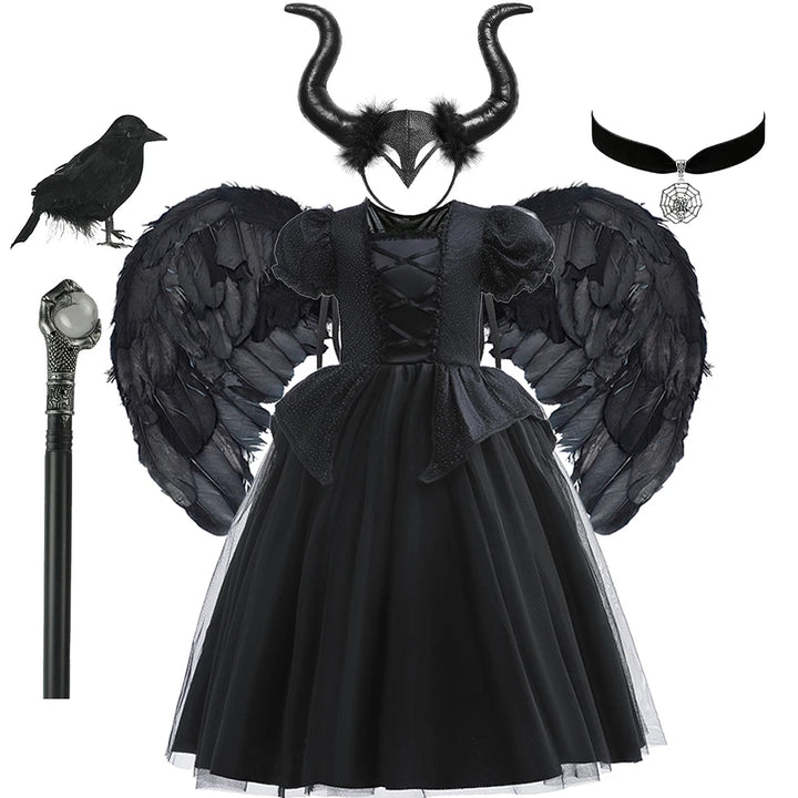 Halloween Costume For Kids Black Witch Dress Luxury Lace Sequin Evil Role Playing Costume Maleficent Dress Up Outfit Ghost Bride
