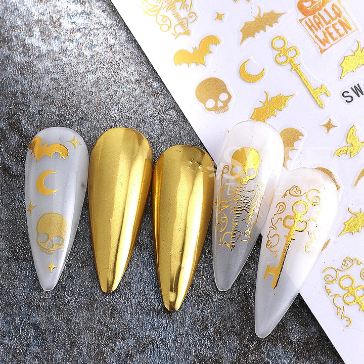 3pcs Halloween Nail Stickers Golden Skeleton Pumpkin Bat Key Nail Decal y2k Star Punk Gothic Nail Supplies Manicure Decoration
