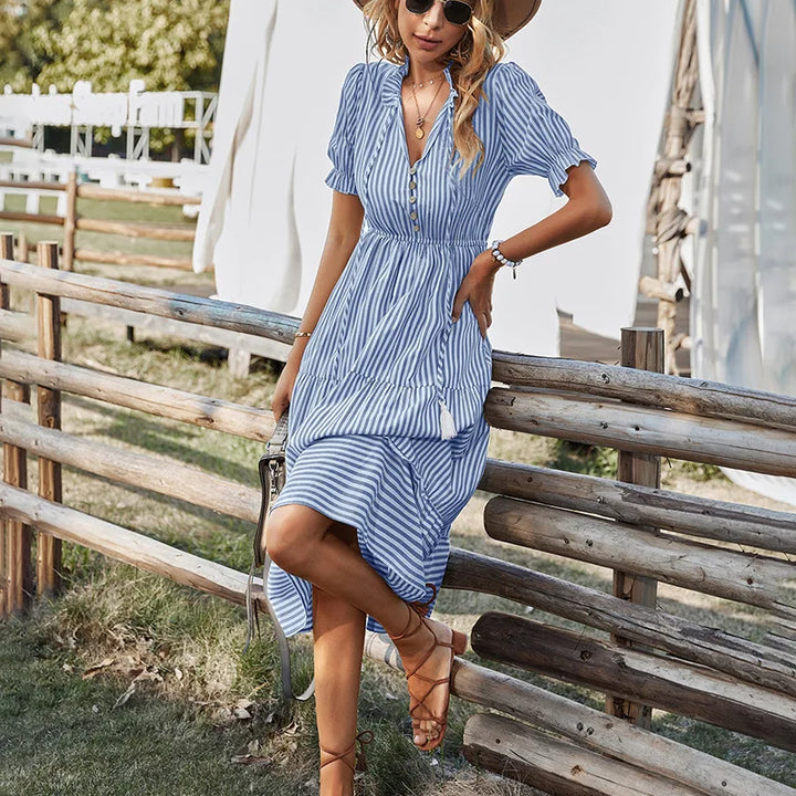 Women Elegant Striped Lantern Sleeve  Causal V-neck Button Ruffles Midi Dress.