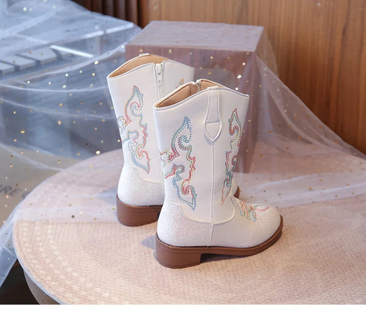 Girls Boots Toddler Snow Gear Mid Calf Glitter Western Cowboy Boot 2025 Autumn Big Kid Riding Girls Botas Size 27-36 Kids Shoes