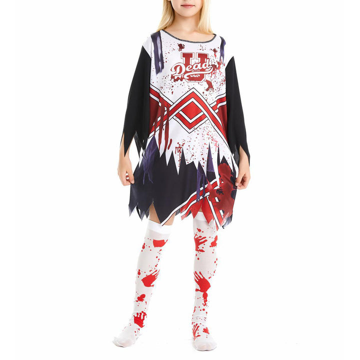 Kids Girls Halloween Party Horror Zombie Cosplay Costume Cheerleading Dance Outfits Bloody Dress with Stockings Flower Balls