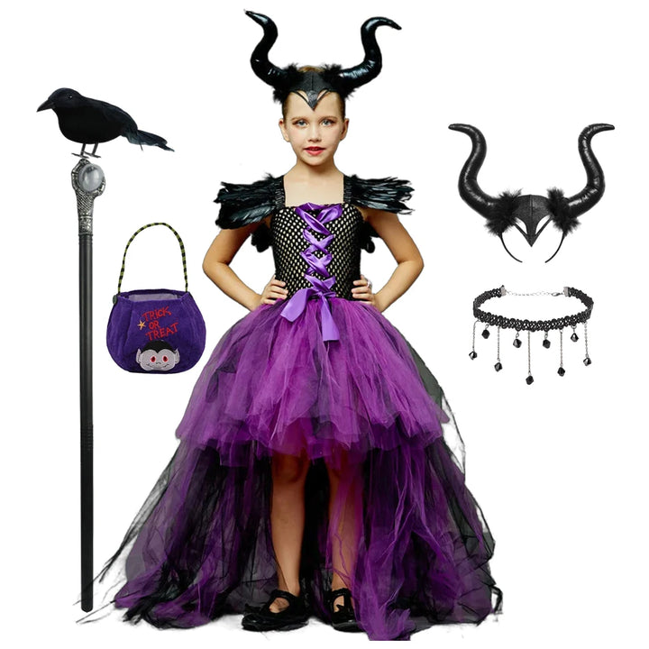 Halloween Children Costume Tulle Dress Girls Cosplay Vestidos Party Evil Queen Mesh Princess Dress Kids Crow Wand