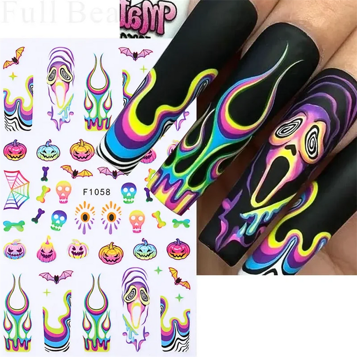Halloween Nail Art Stickers Pumpkin Skull Cartoon Sticker For Women and Girls Press On Nails Decals Holloween Nail Art Supplies