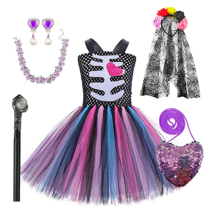Halloween Kids Dress Cosplay Heart Print Skeleton Costumes Girls Floral Skull Tutu Clothes Children Carnival Performance Outfits