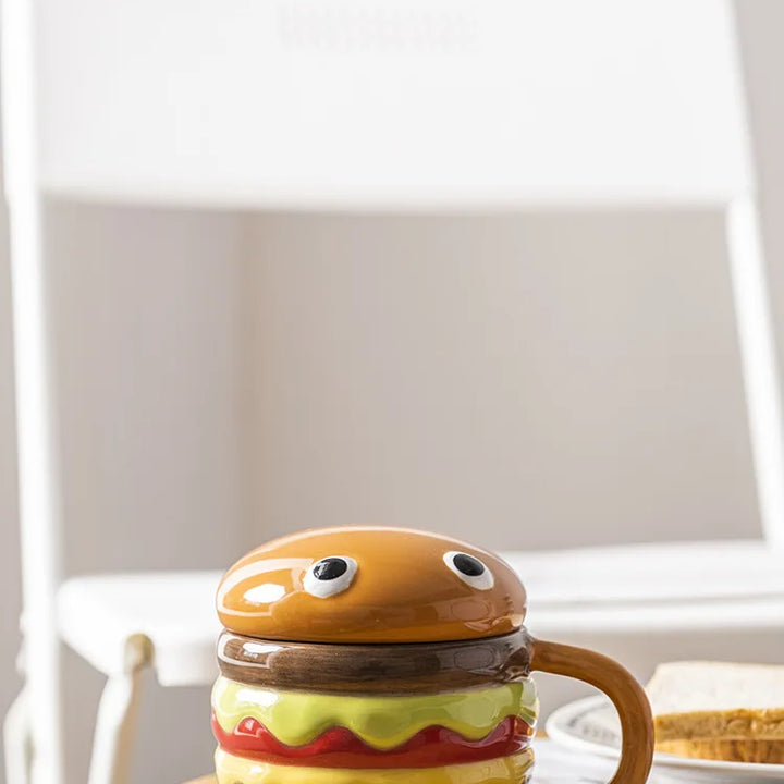 300ML Coffee Mugs Creative Hamburger Shaped Water Cup with Lid Cute and Cute Breakfast Cup Large Capacity Ceramic Hamburger Mug
