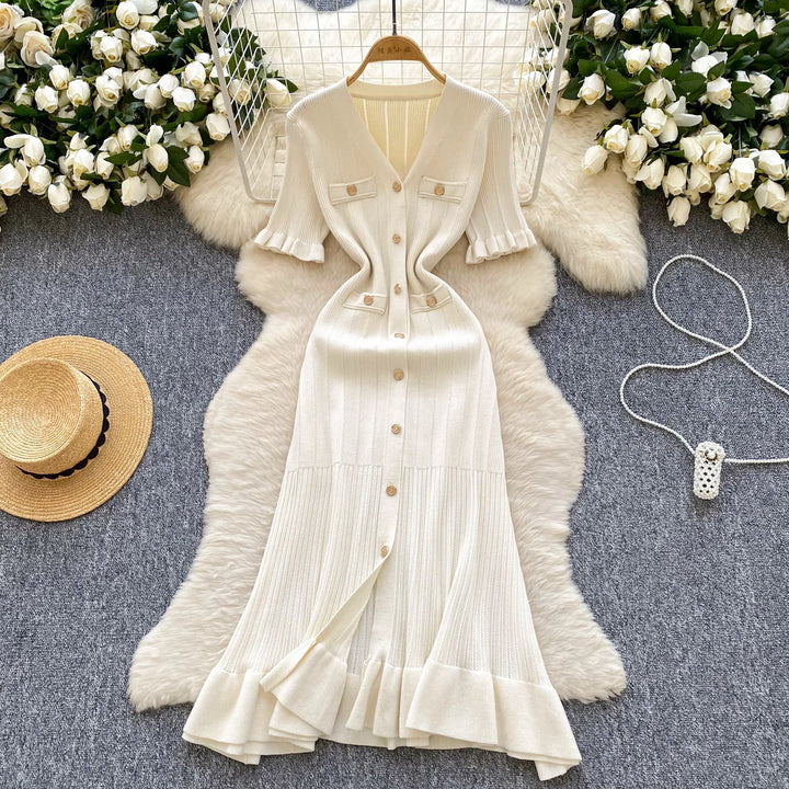 Vintage Single Breasted Women's Knitted Long Dress High Waist Short Sleeve Ruffles Straight Dress