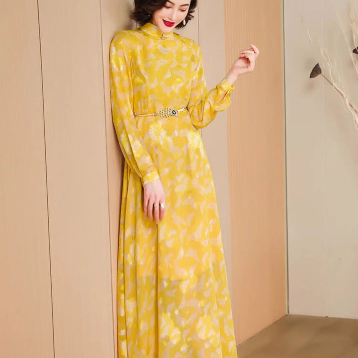Jacquard Runway Dress Party Evening Long Sleeve Vintage Floral Yellow Long Dress Zipper Photography Occasion