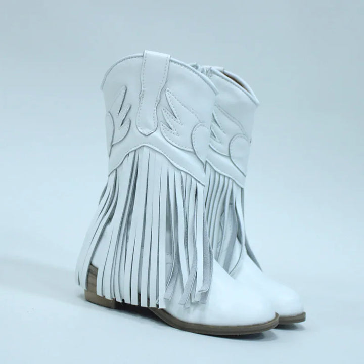 Kids Vintage Western Cowgirls Boots Leather Tassel Princess Low Heeled Knee Boots Cowboys Winter Dress Shoes New Years Christmas