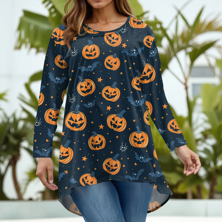 Plus Size Halloween Print T-Shirt for Women Fashion Round Neck Long Sleeve Casual Loose Pullover Top Halloween Party Costumes