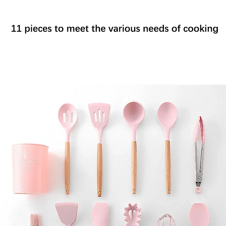 Pink Cooking Kitchenware Tool Silicone Utensils With Wooden Multifunction Handle Non-Stick Spatula Ladle Egg Beaters Shovel