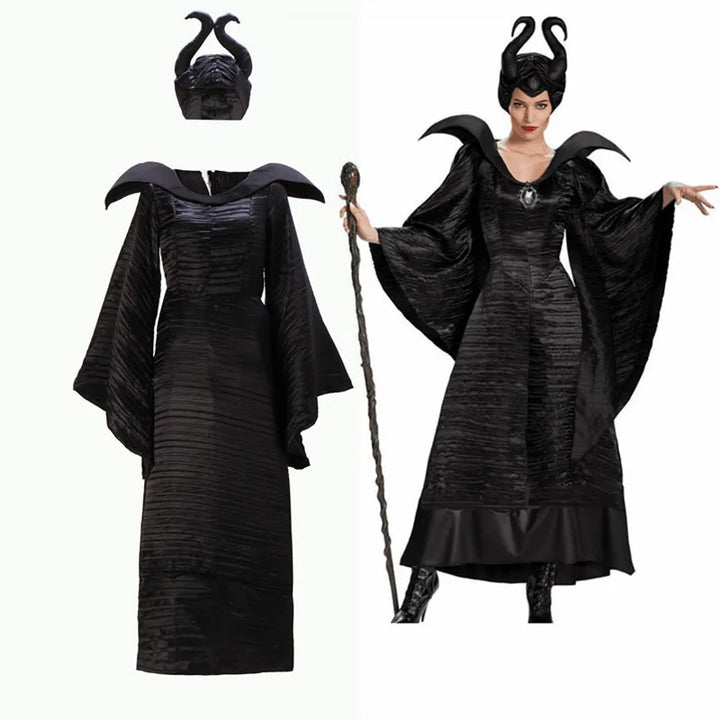 Halloween Movie Character Deluxe Black Horned Hat Imitation Texture Dress Evil Queen Witch Dress Cosplay Party Carnival Costume
