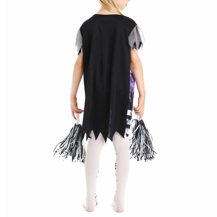 Kids Girls Halloween Party Horror Zombie Cosplay Costume Cheerleading Dance Outfits Bloody Dress with Stockings Flower Balls