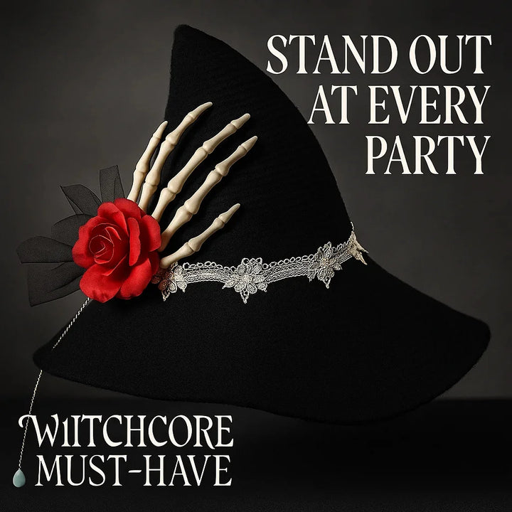Halloween Cosplay Witch Hat with Skeleton Hand Red Rose Lace Design Gothic Lolita Costume Accessory for Girls Women