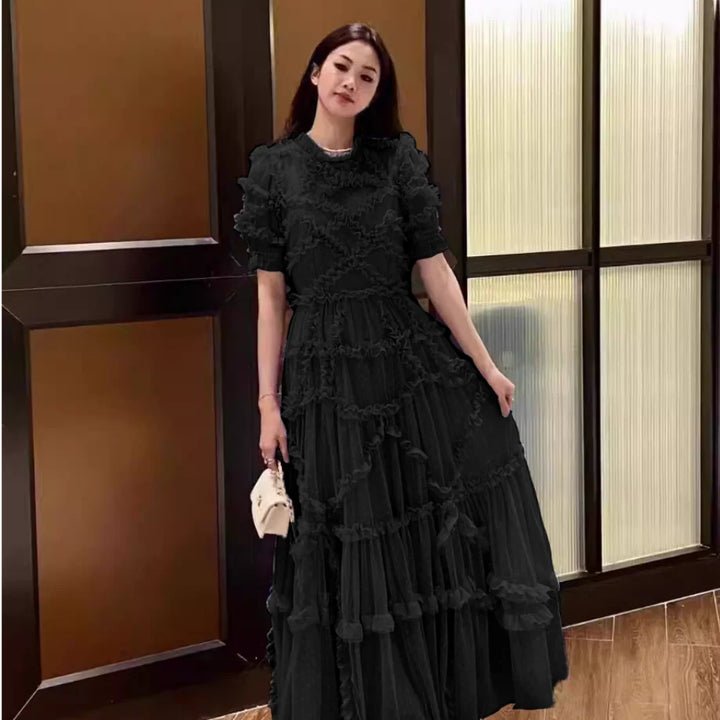 Quality Vintage Layers Ruffle Cake tulle Long Dress Women Blue Dots Elegant Party Evening Vestidos
