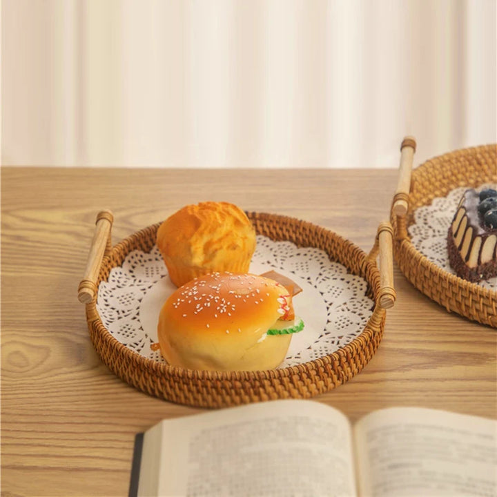 1PC Woven Rattan Storage Basket with Strap Handle round Tray for Bread Snacks Fruits Picnic - Home Organization Basket